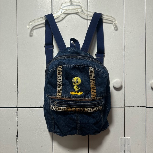 American Vintage Denim Backpack with Cartoon and Leopard Accents - Picture 1 of 6